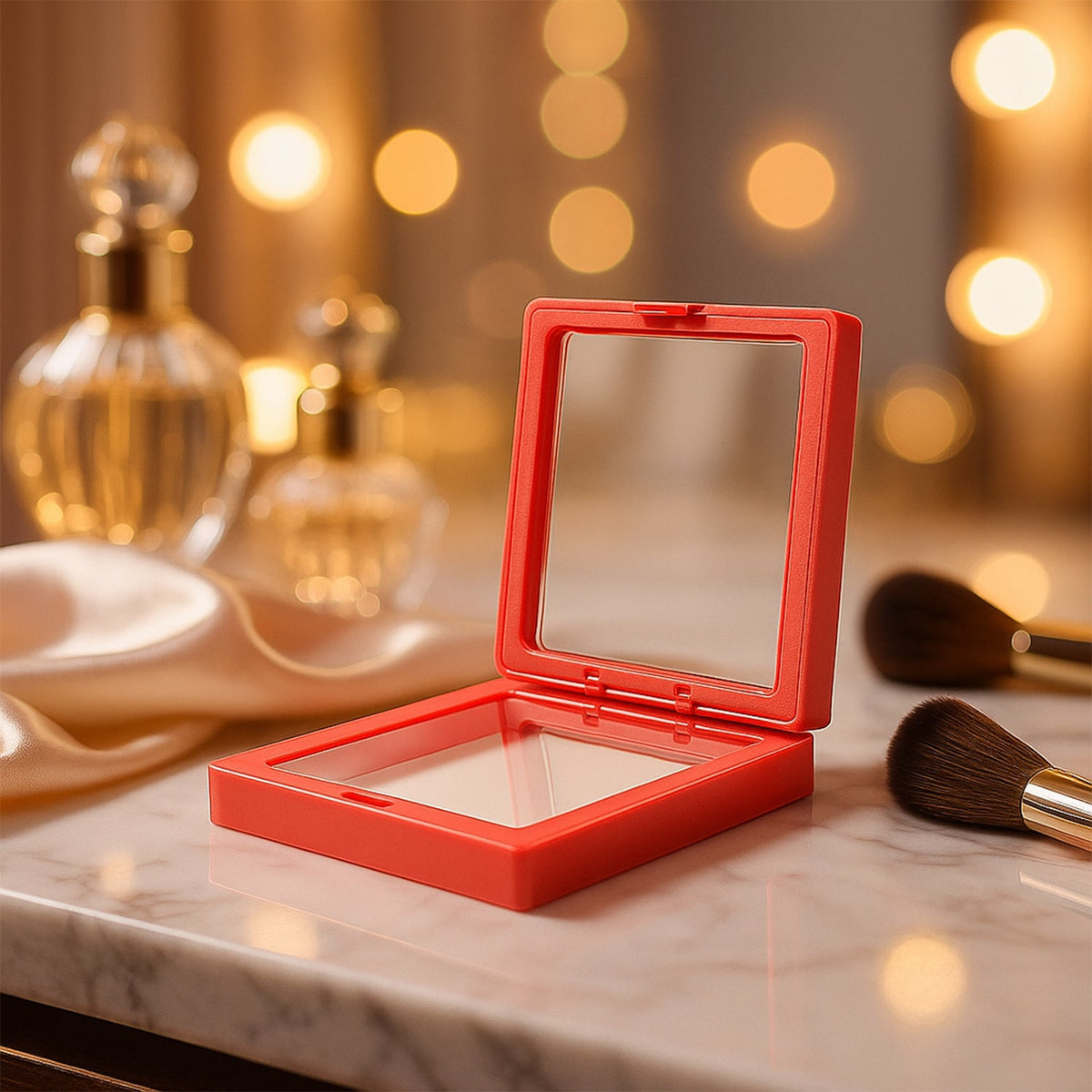 Transparent jewellery display box showing floating rings and earrings in a clear magnetic organizer Main image