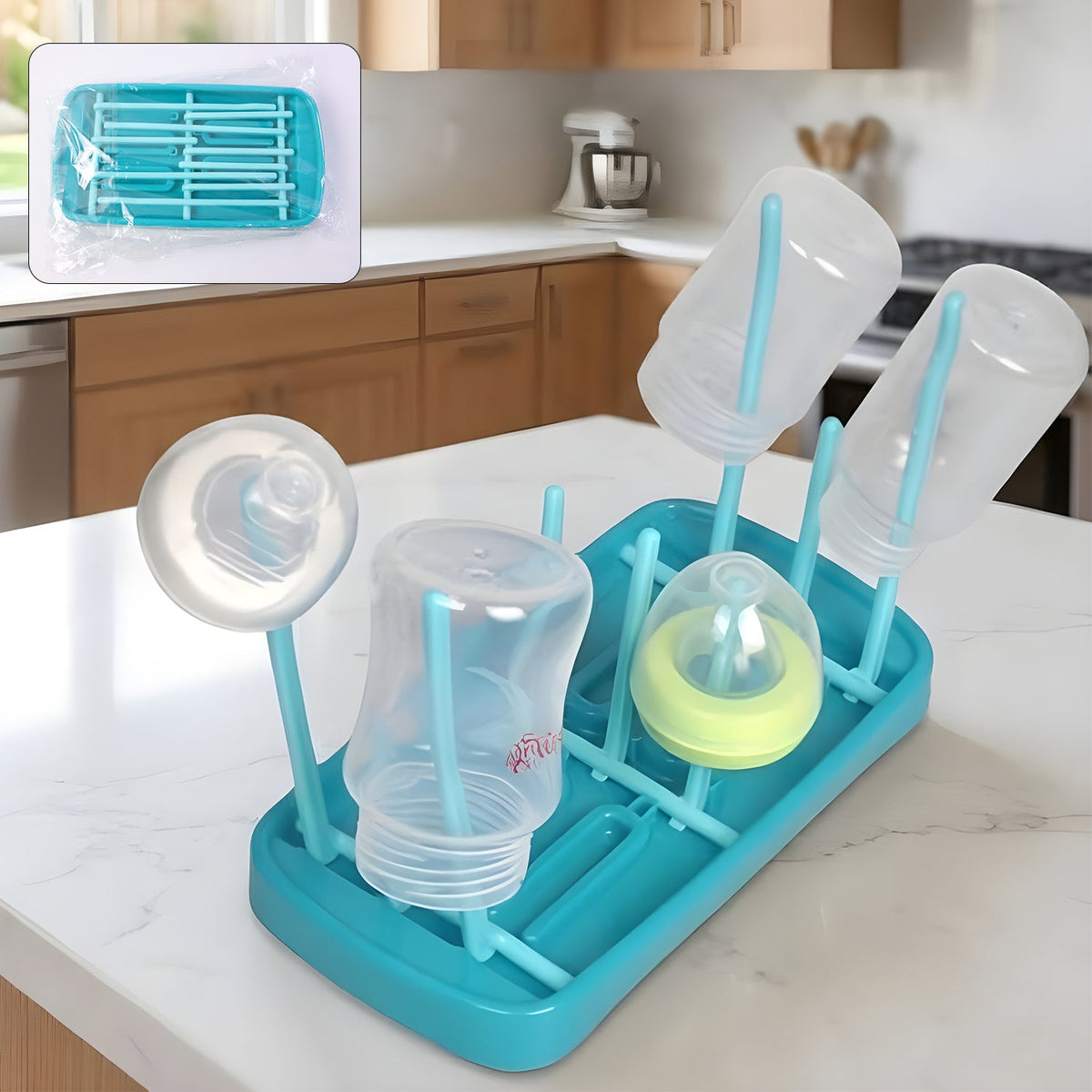 Baby feeding bottle drying rack with hygienic removable drip tray on countertop Main image
