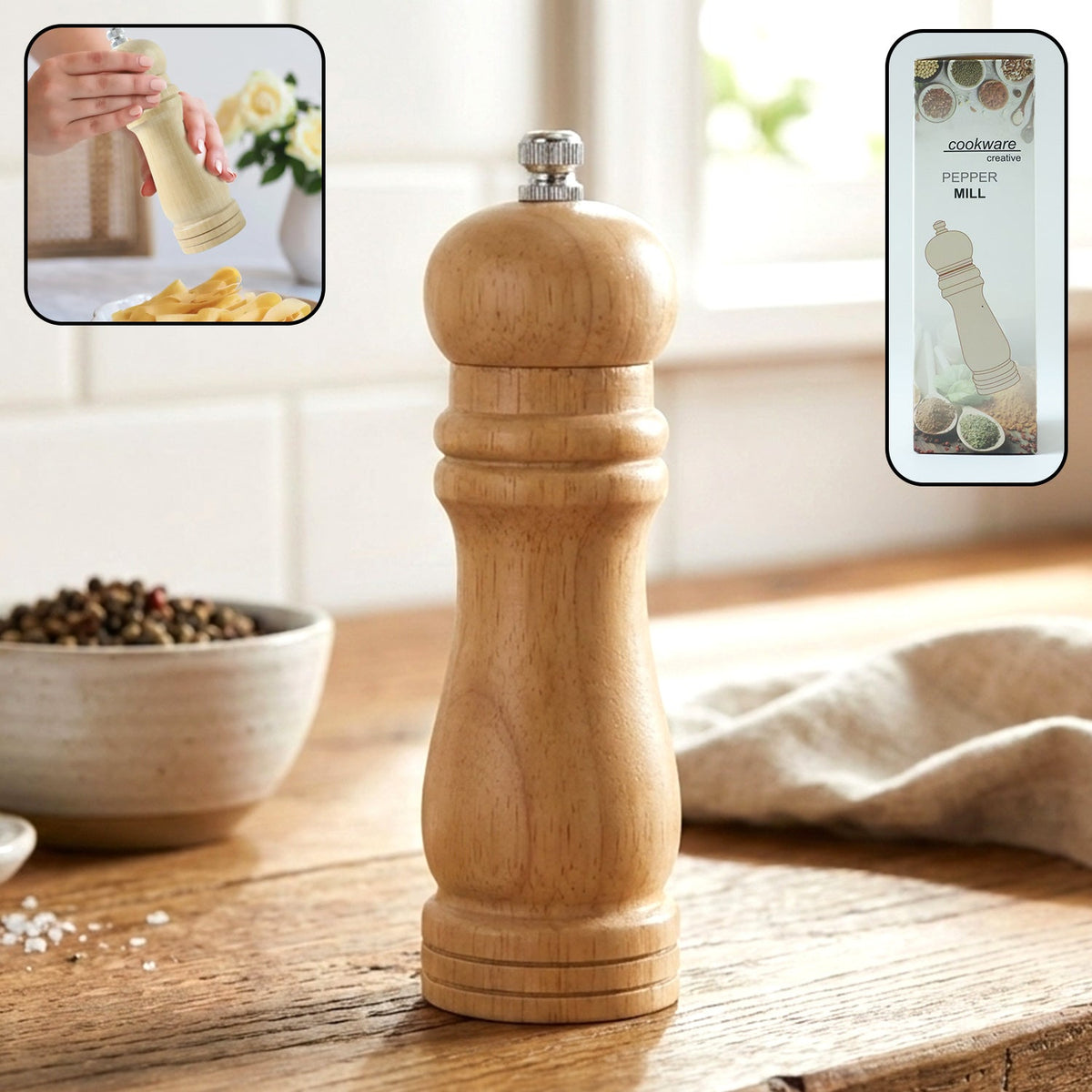 Wooden manual pepper grinder for fresh spice seasoning on kitchen tabletop Main image