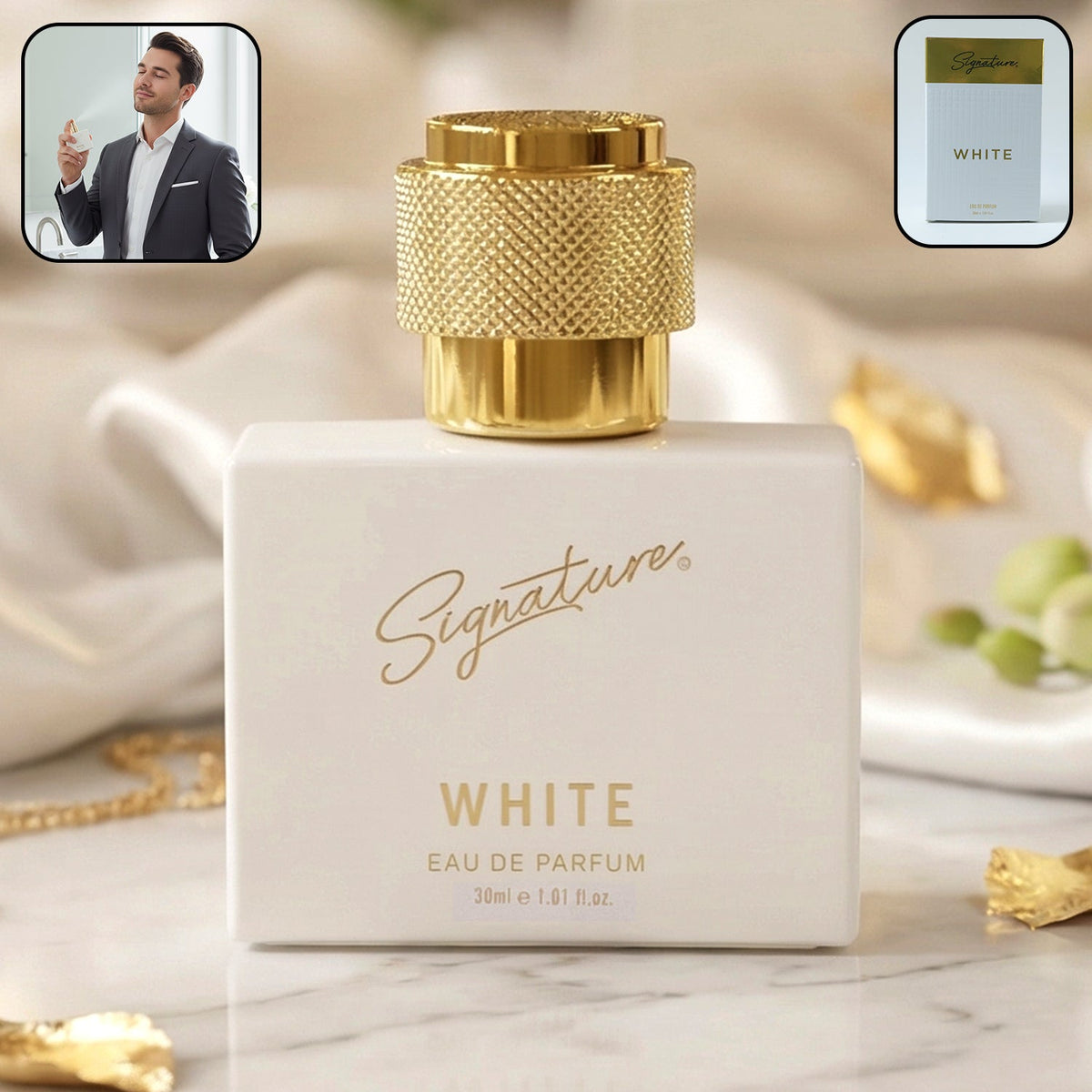 Signature premium white eau de parfum 30 ml bottle on elegant display Main image