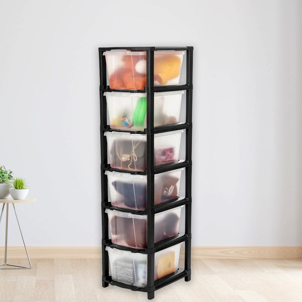 Side view of 6-layer plastic drawer storage cabinet showcasing sturdy frame