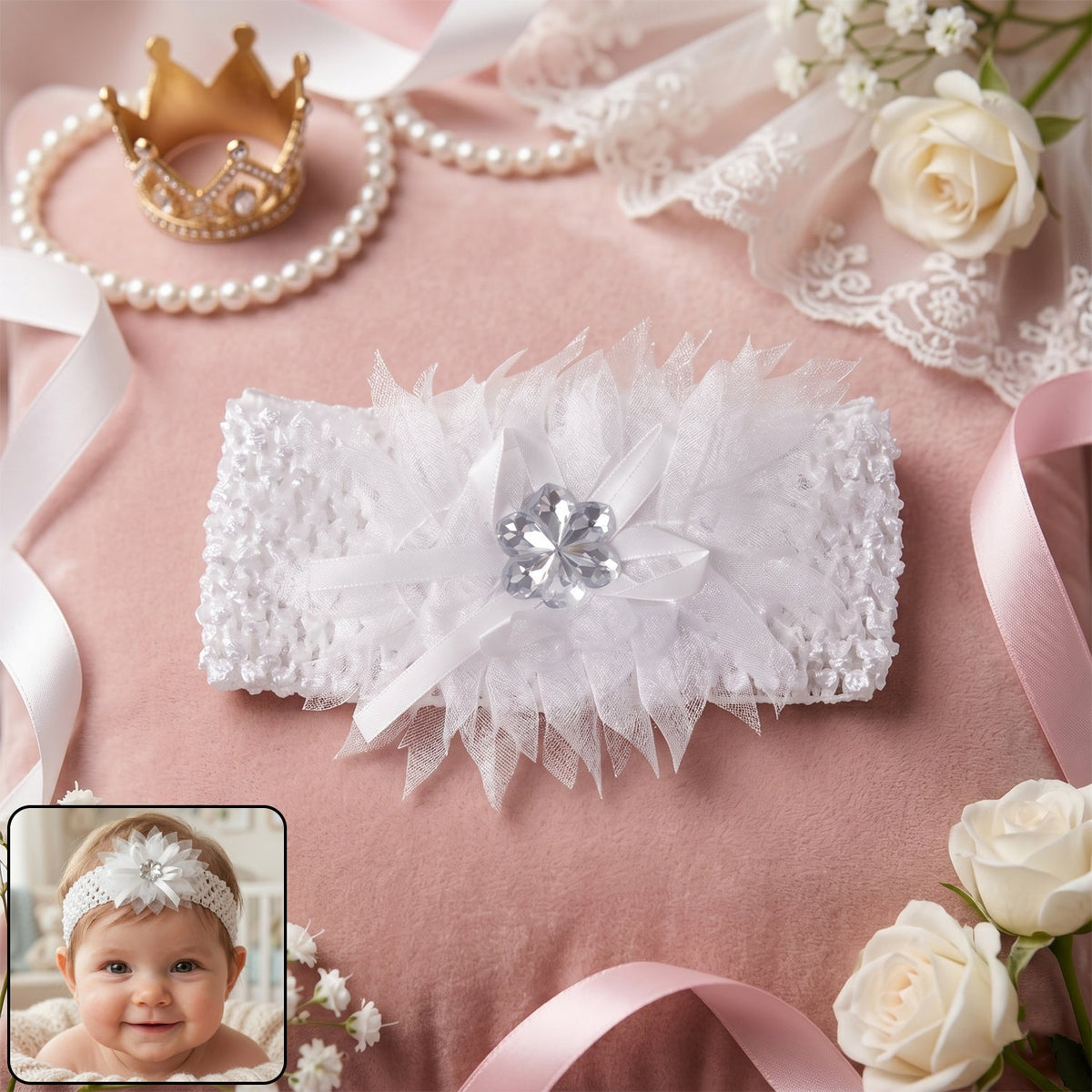 Baby girl headband with floral bow design and stretchable elastic band Main image