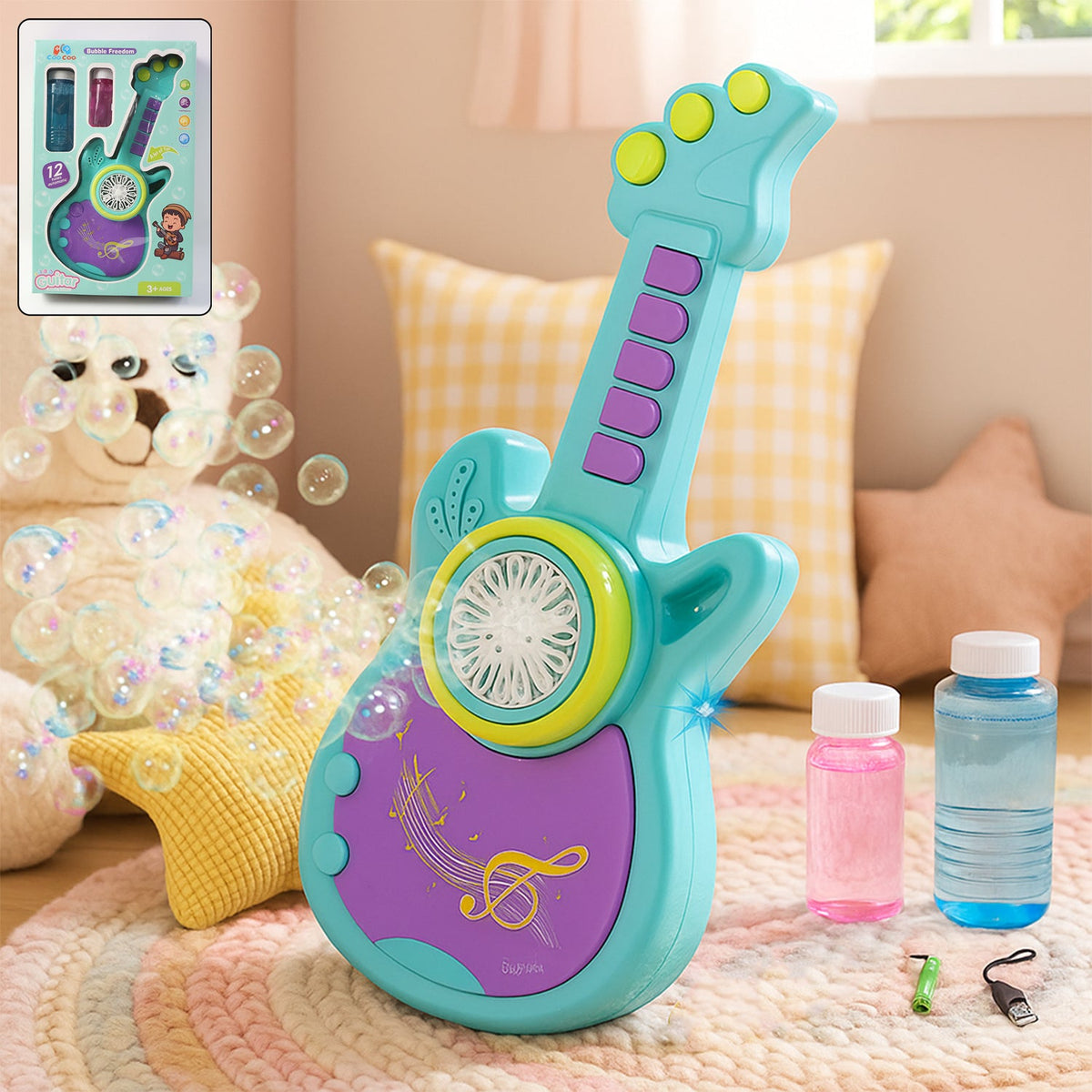 Electric guitar-shaped bubble machine for kids with vibrant colors Main image