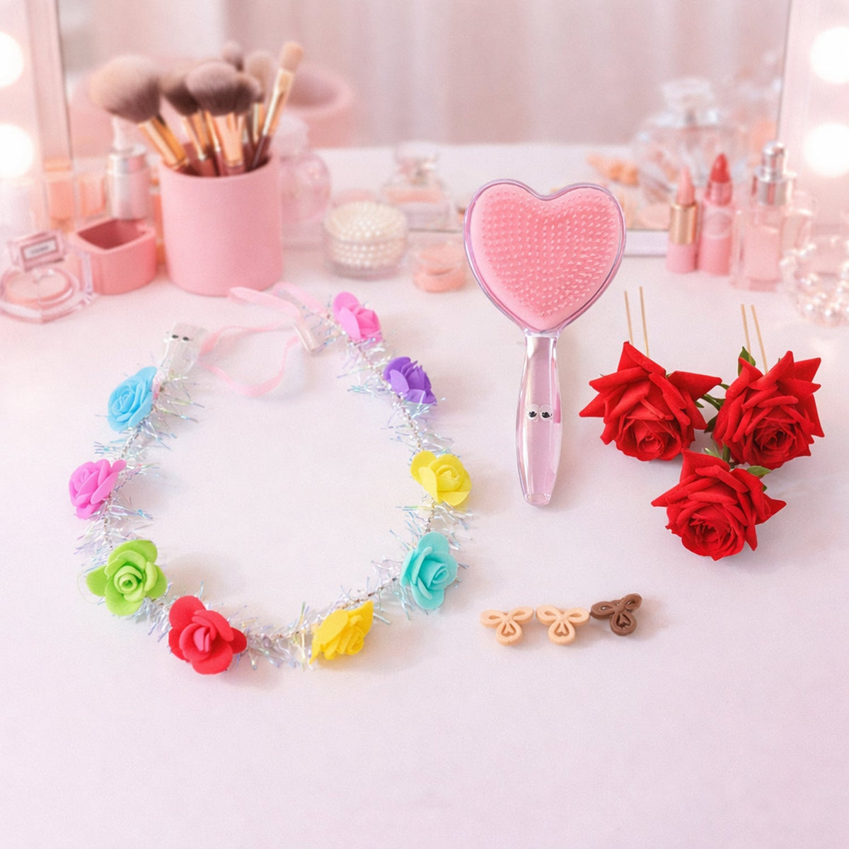 Beauty & Hair Styling Combo Set featuring floral accessories and detangling brush Main image