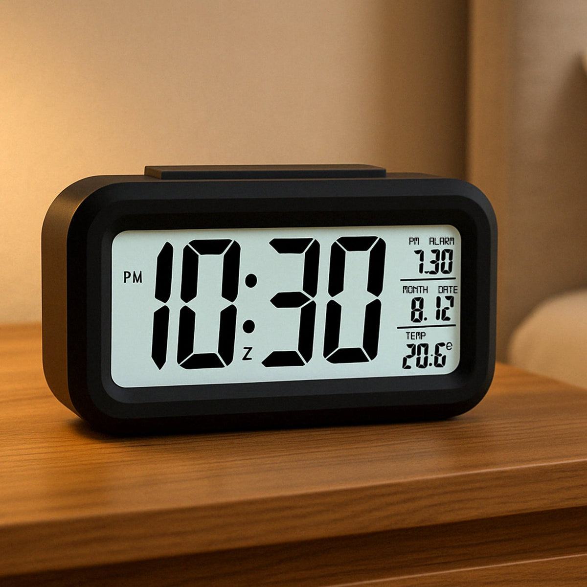 Digital LCD alarm clock with backlight showing time and temperature Main image