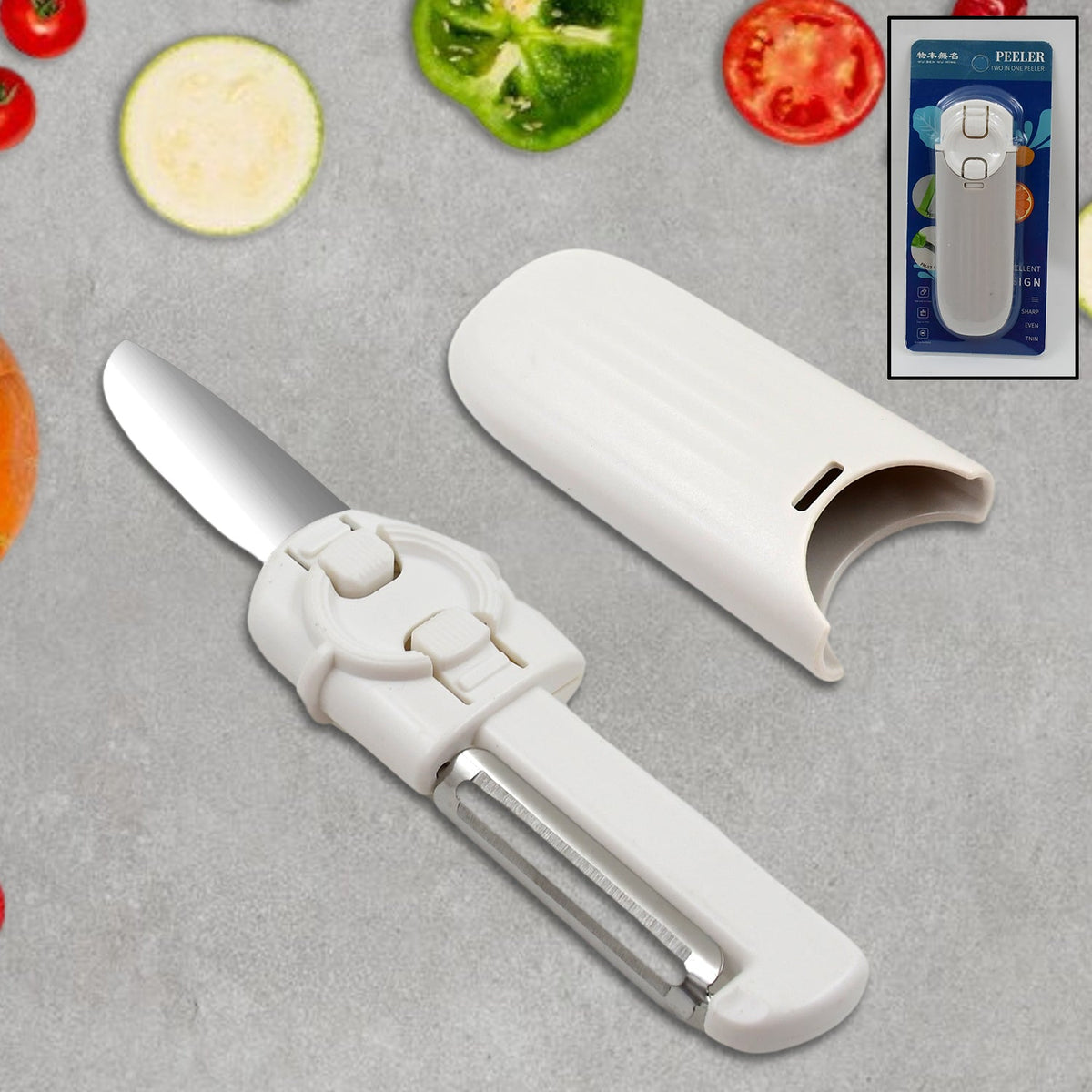 Portable 2-in-1 knife peeler in its protective case, ready for travel. Main image