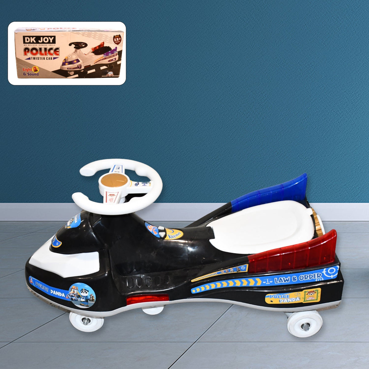 Front view of Police Ride-On Toy Car with vibrant police decals and functional lights Main image