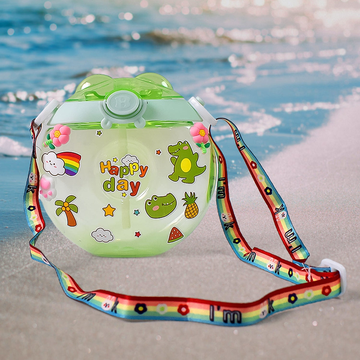 Vibrant green Donut Water Bottle with a straw and adjustable shoulder strap, perfect for kids. Main image