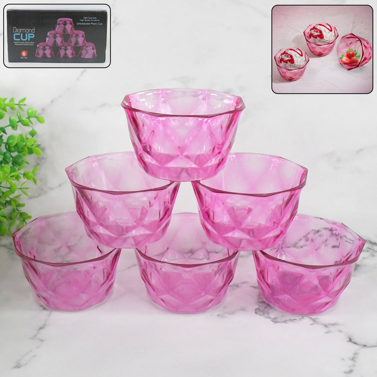 Diamond shape ice cream bowl set in clear plastic, elegantly styled for serving dessert. Main image