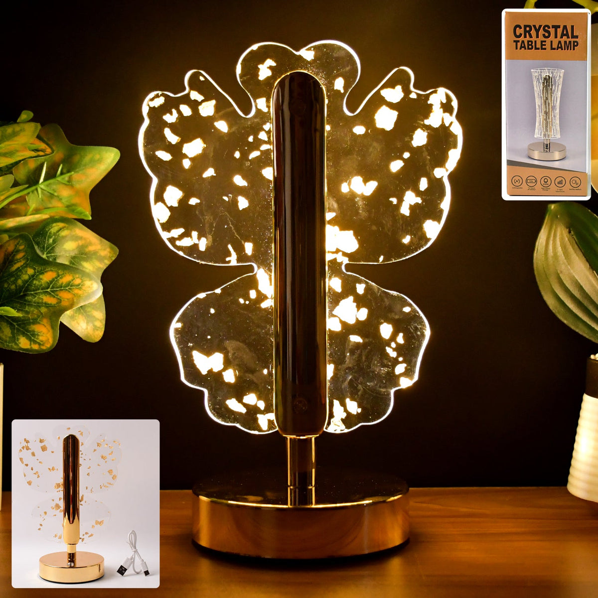 Crystal LED table lamp with butterfly-shaped acrylic shade and golden flakes Main image