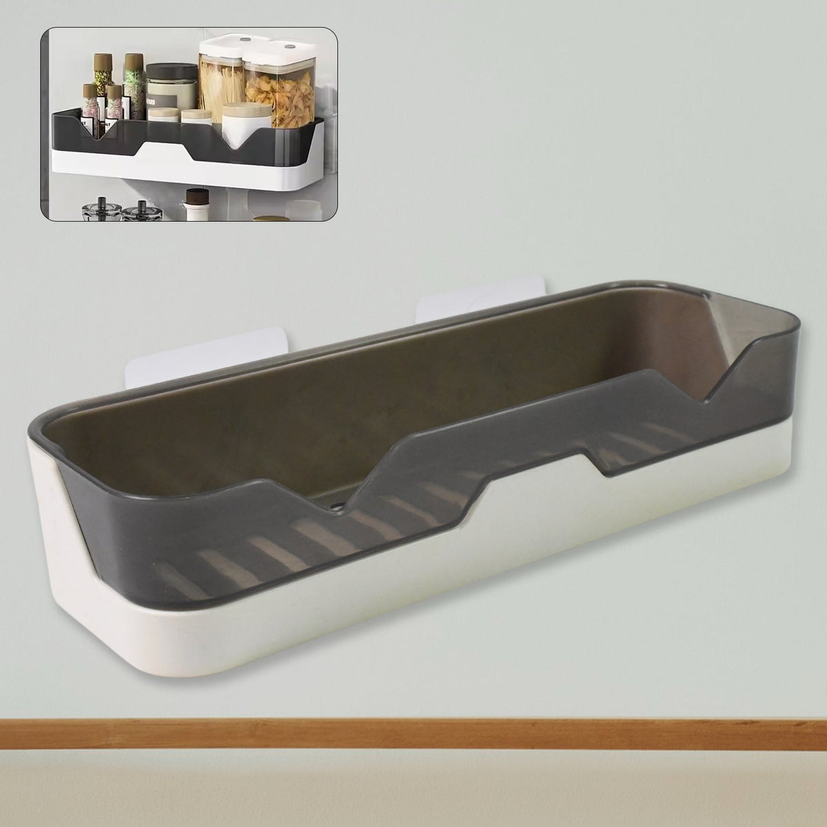 Adhesive shower caddy mounted on a bathroom wall, showcasing easy installation. Main image