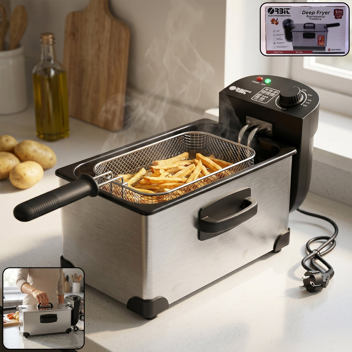 Orbit deep fryer 2000W with stainless steel basket front view Main image