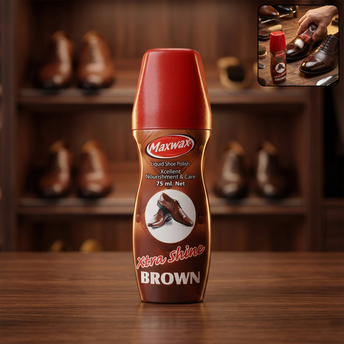 Brown liquid shoe polish in bottle with sponge applicator Main image
