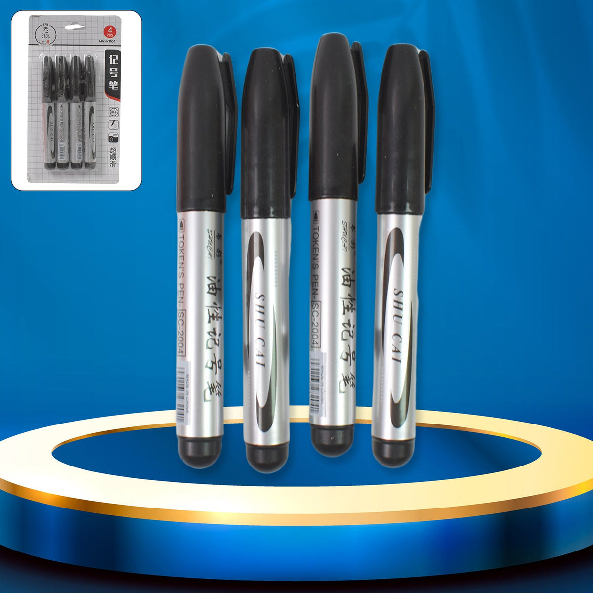 Black Marker Set of four, neatly arranged with caps on, showcasing the product. Main image
