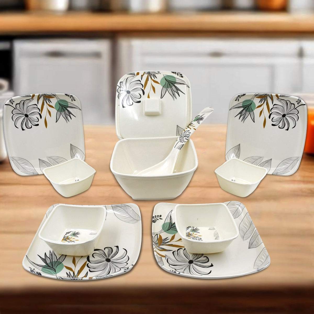 Complete 11-piece plastic dinner set in a vibrant color, ready for family meals. Main image