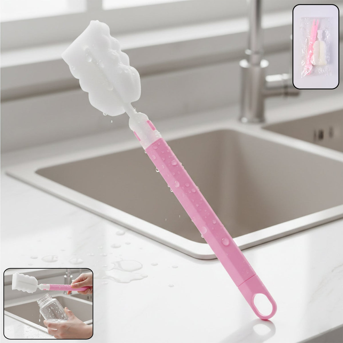 Long handle silicone bottle cleaning brush for deep cleaning water bottles. Main image
