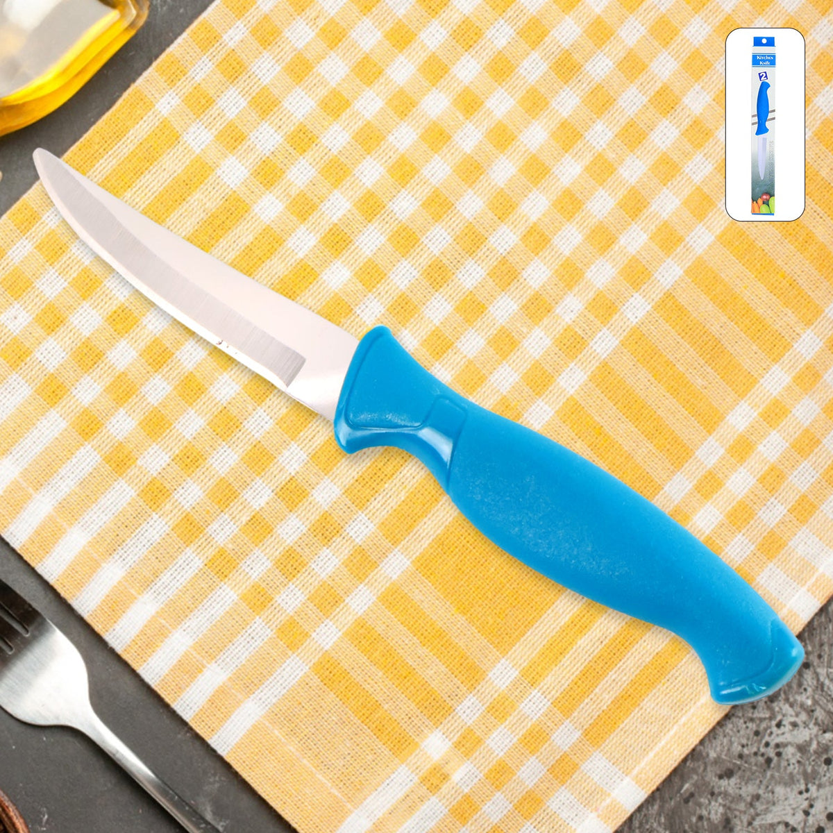 Stainless steel kitchen knife with ergonomic handle on wooden surface Main image