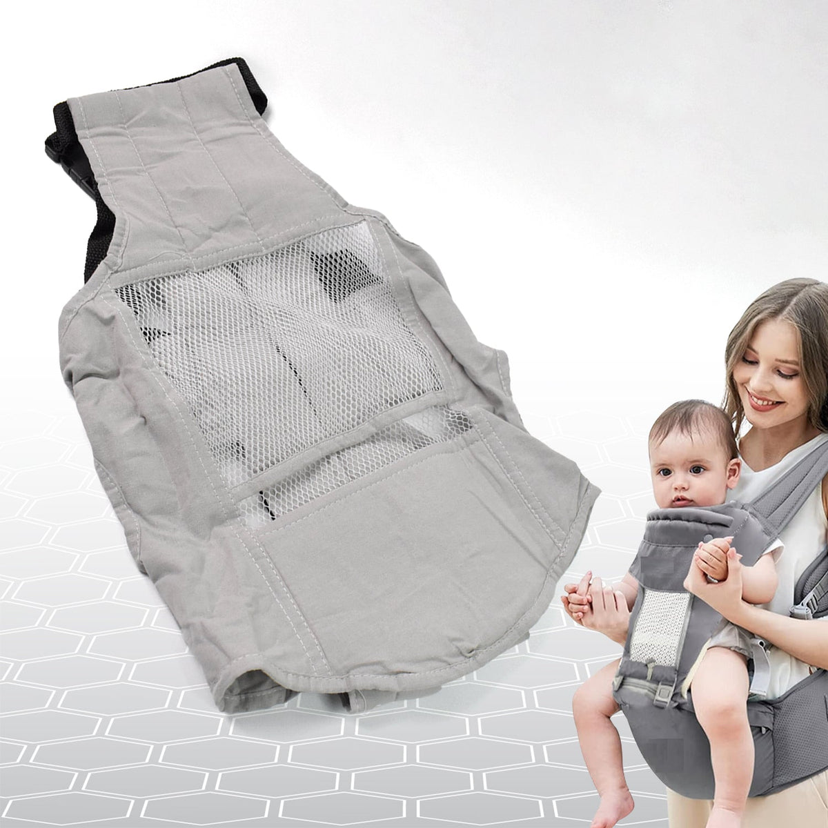 Ergonomic baby carrier with hip seat in a neutral color, front view. Main image