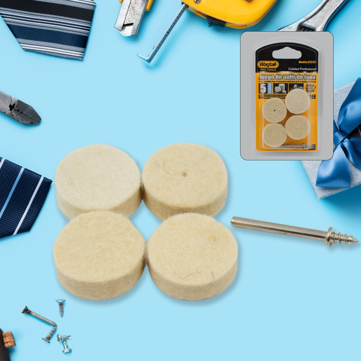 Complete 4-piece wool felt polishing pad set for rotary tools by Wagtail. Main image