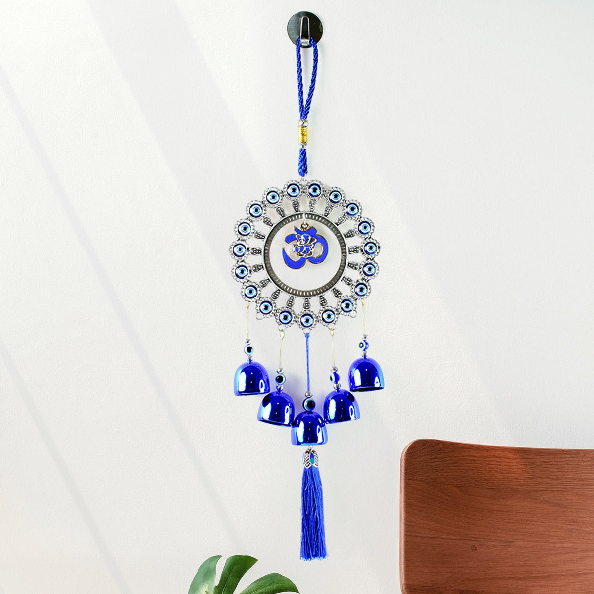 Om Evil Eye Wind Chime with blue metallic bells and Nazar beads Main image