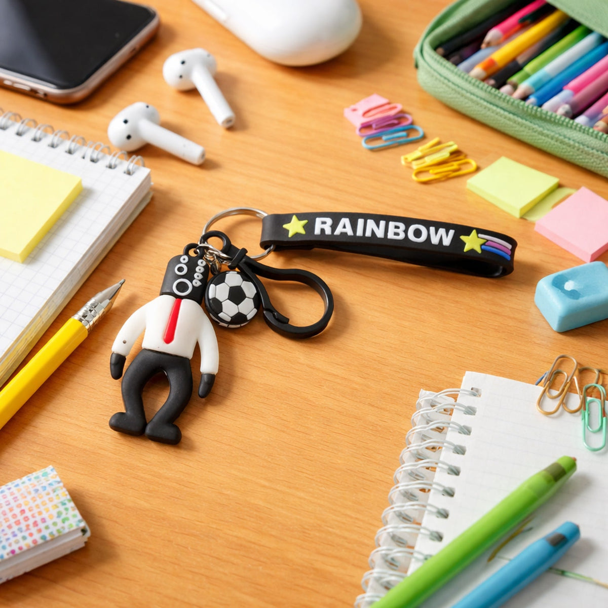 Colorful cartoon football boy keychain with rainbow strap, perfect for backpacks and keys Main image