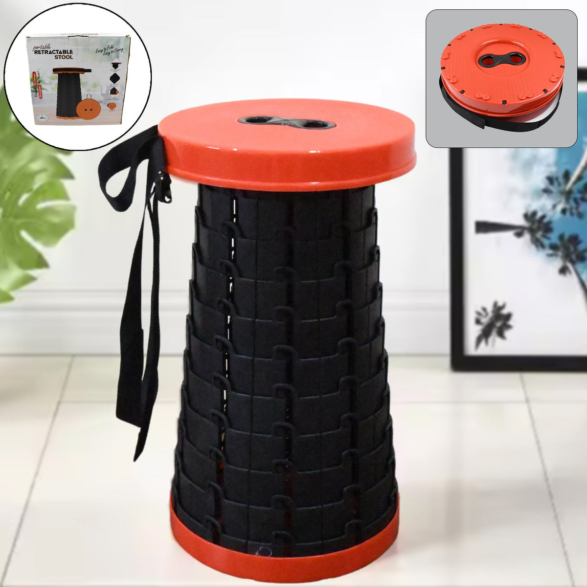 Retractable folding stool in its compact, collapsed form, showcasing its portability. Main image