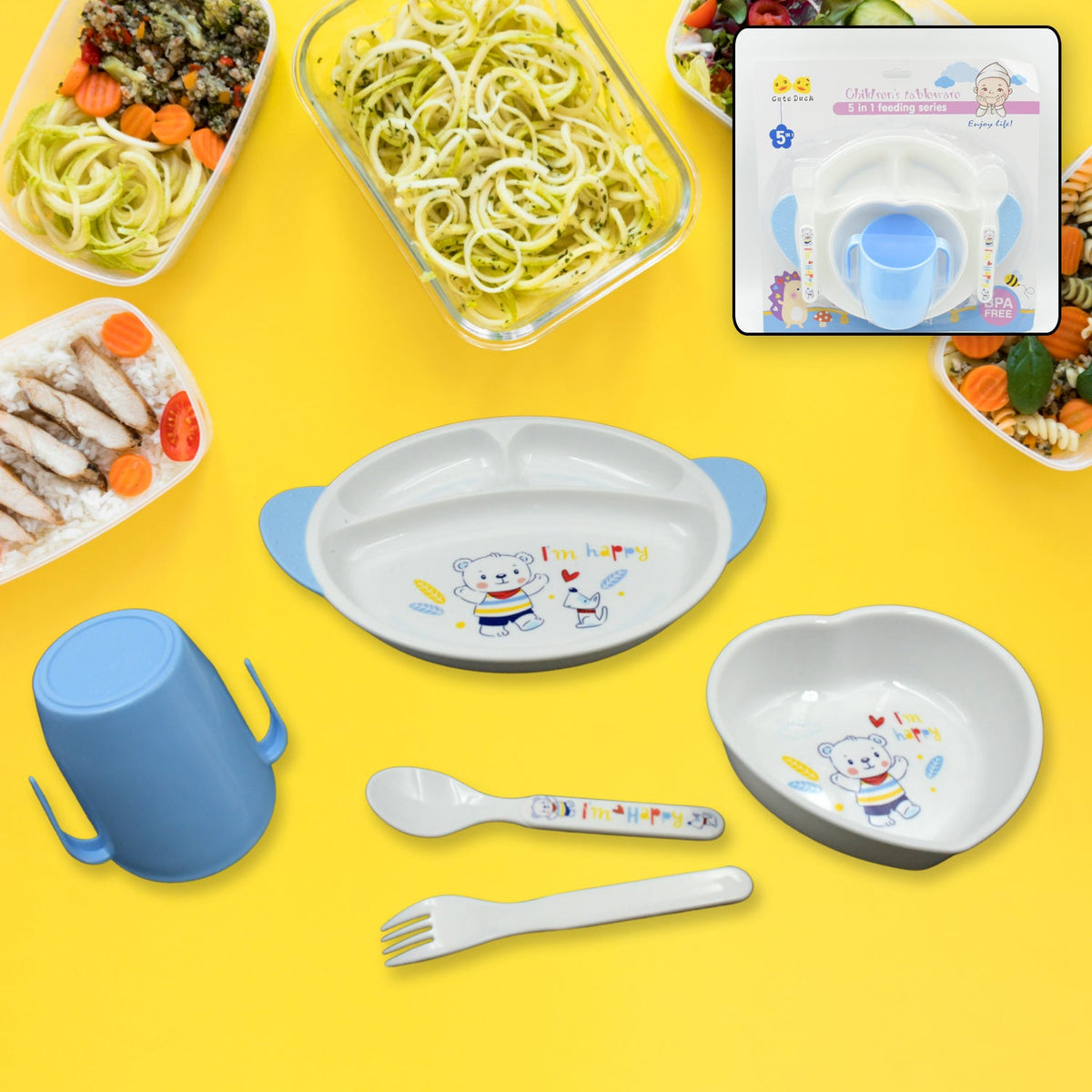 Complete 5-piece baby feeding set with cartoon design plate, bowl, mug, spoon, and fork. Main image