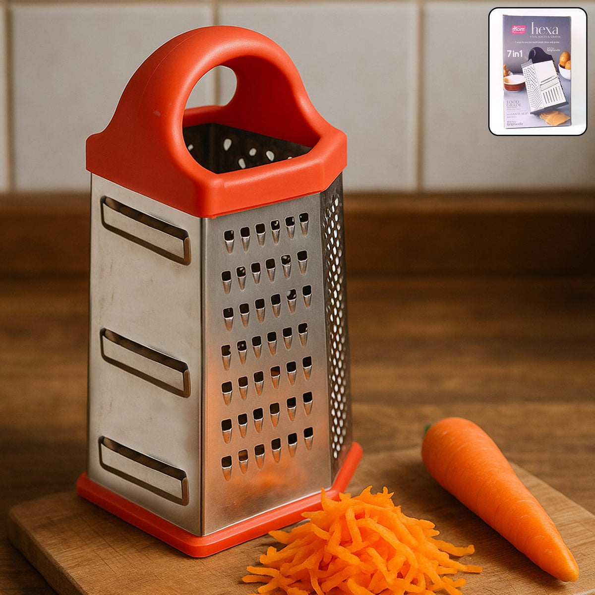 7-in-1 stainless steel box grater with multiple grating surfaces and ergonomic handle Main image