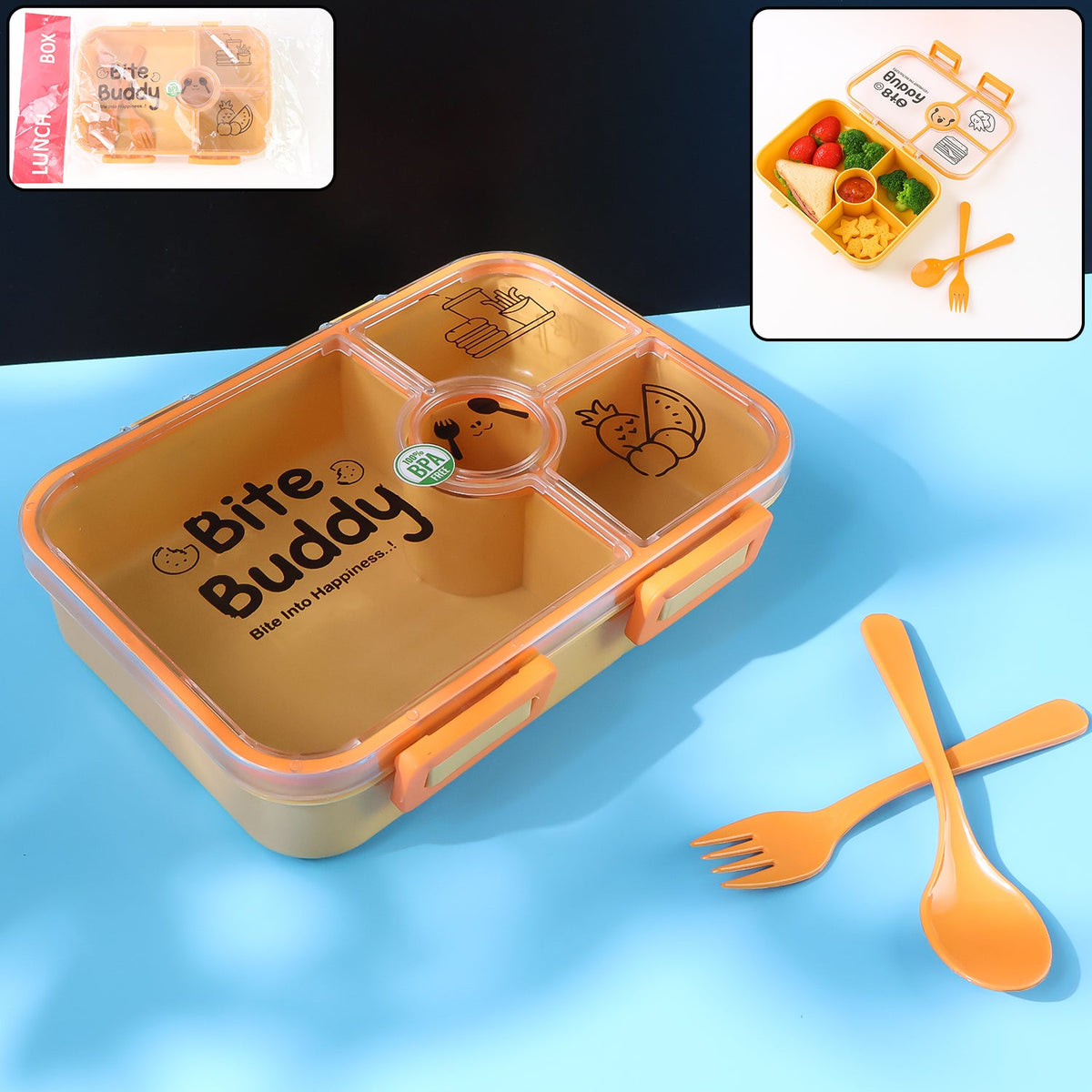 4-compartment leak-resistant lunch box with included spoon and fork Main image