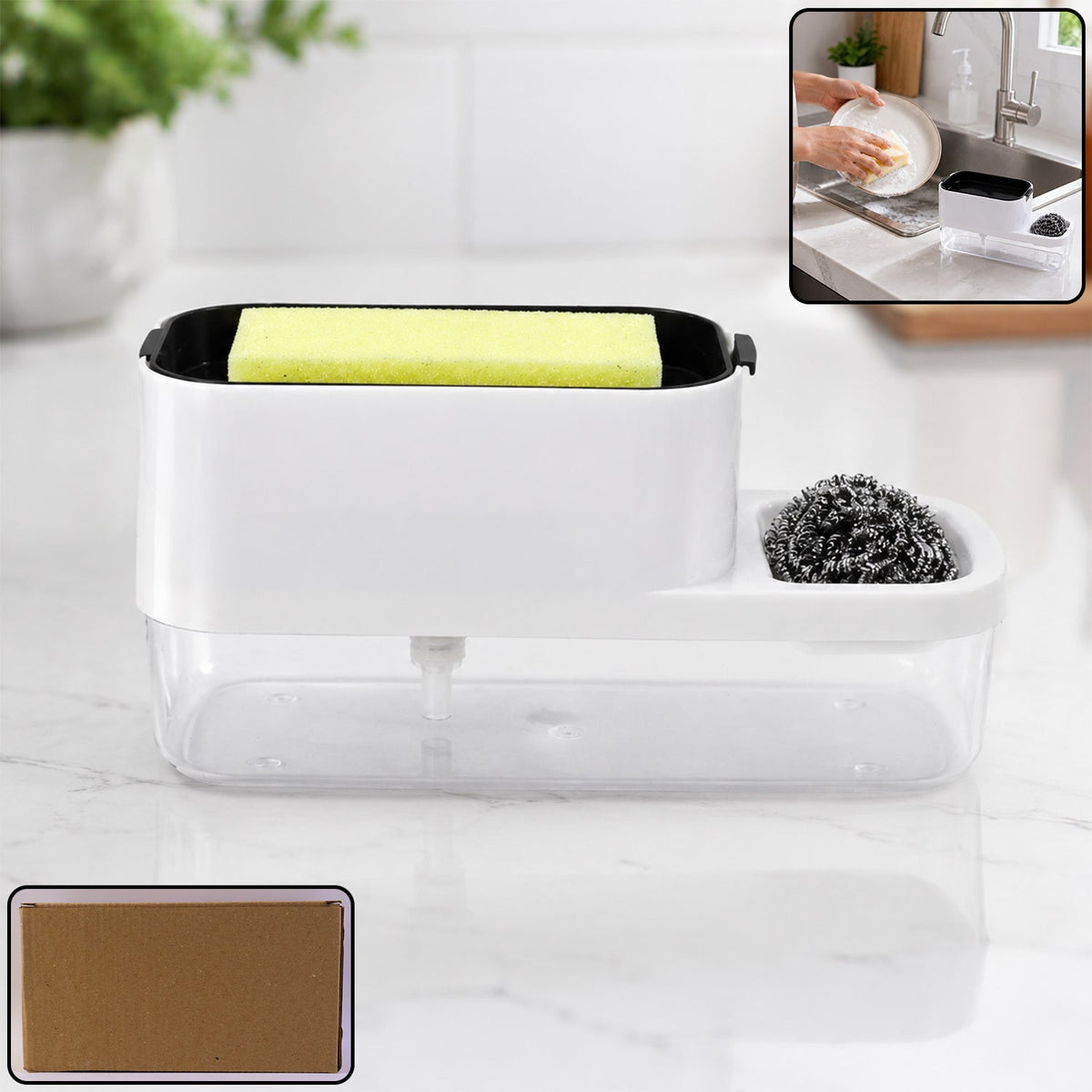 Dish soap dispenser and sponge holder set neatly placed on kitchen counter Main image