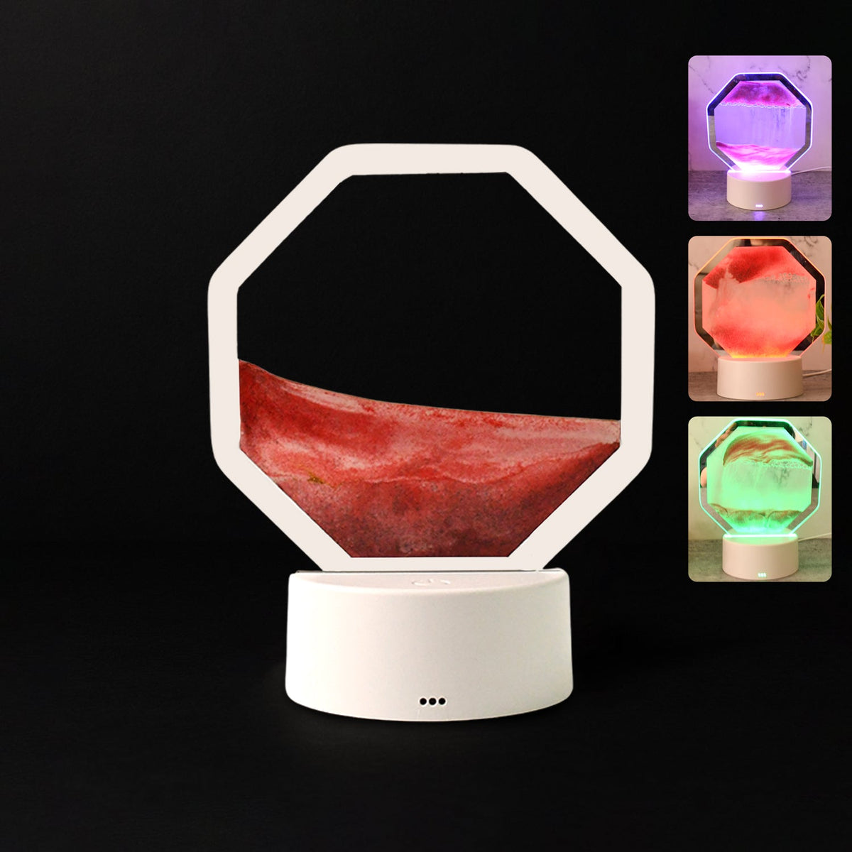 LED Moving Sand Art Table Lamp with sleek white base and vibrant colored sand inside octagonal frame Main image