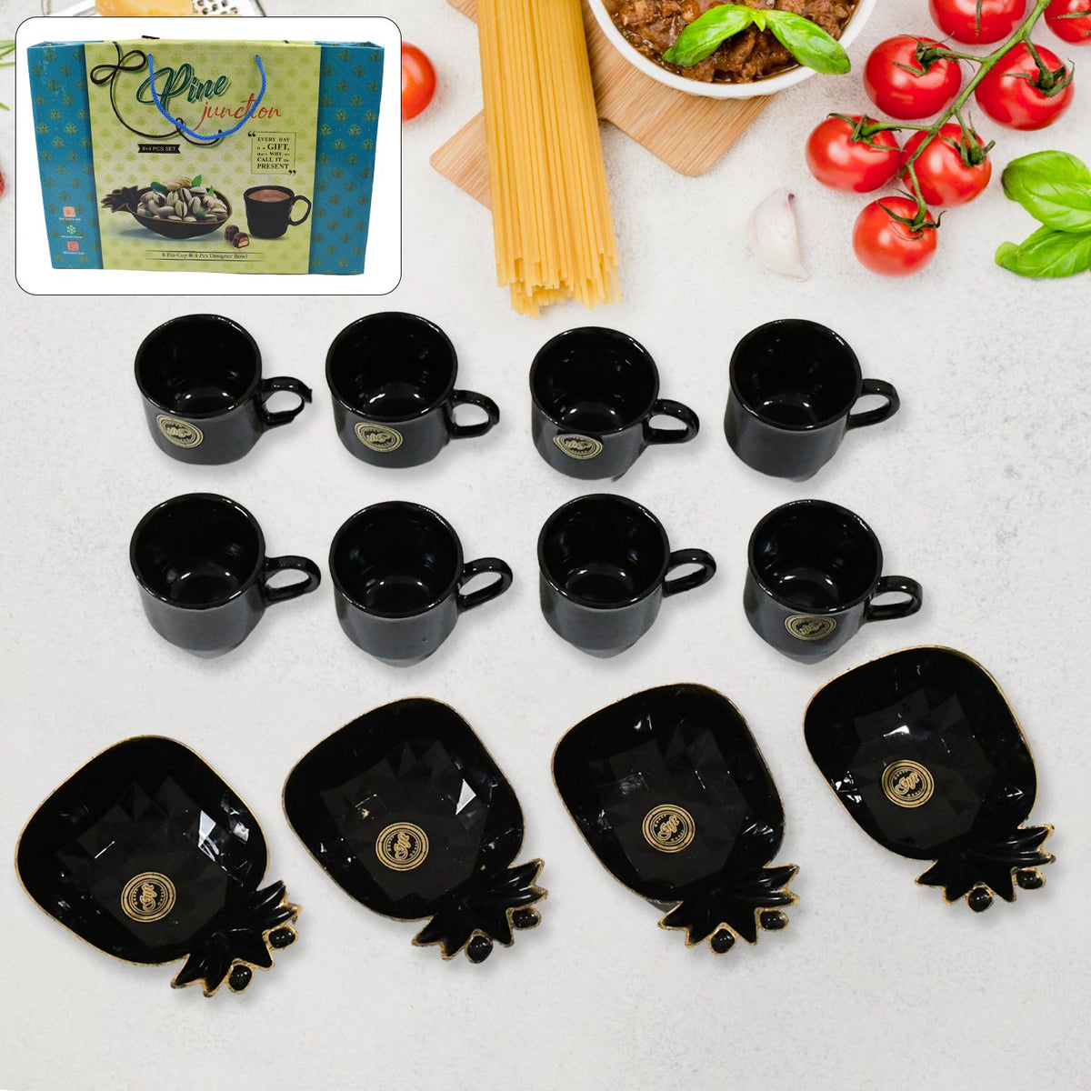 12-piece ceramic tea set with pineapple bowls on a rustic table. Main image