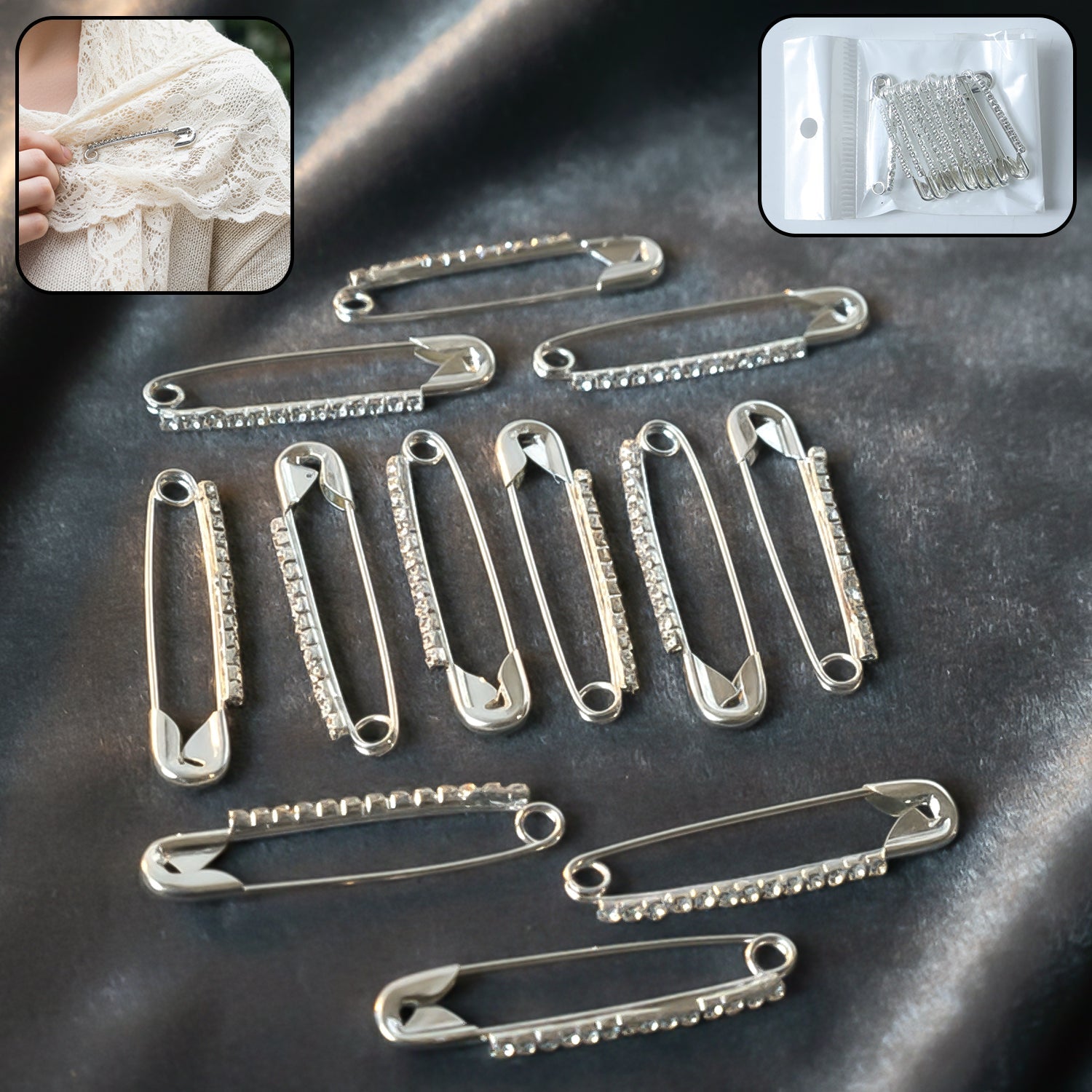 Silver Safety Pin Brooch Set – Elegant Crystal Accent 12 Pc Secondary image