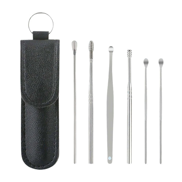 The comprehensive ear wax cleaner kit displayed with its elegant black leather travel pouch.