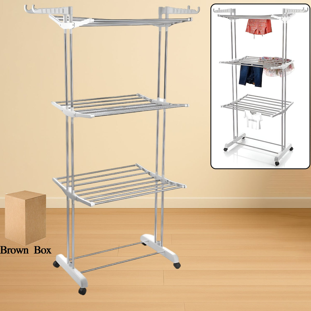 3-tier foldable Cloth Drying Stand in stainless steel with wheels, shown open for use. Main image