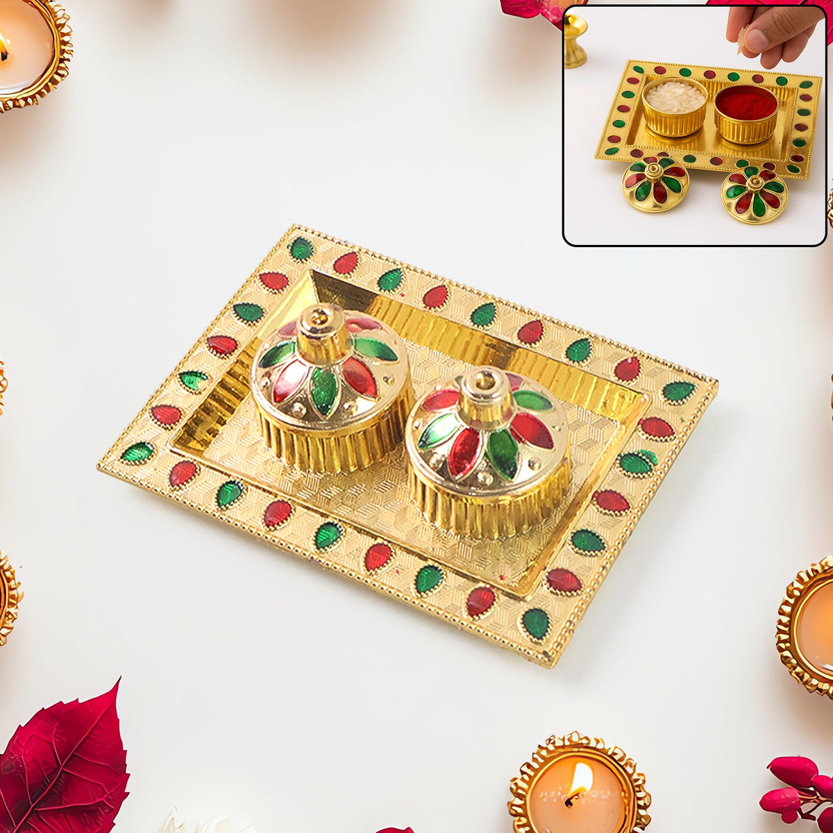 Elegant Raksha Bandhan Pooja Thali with kumkum holder, ideal for festive prayers. Main image