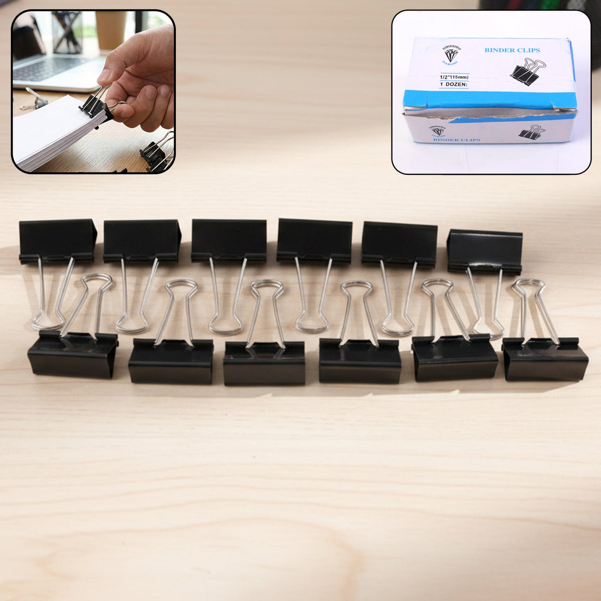 Set of 12 black metal binder clips for document holding Main image