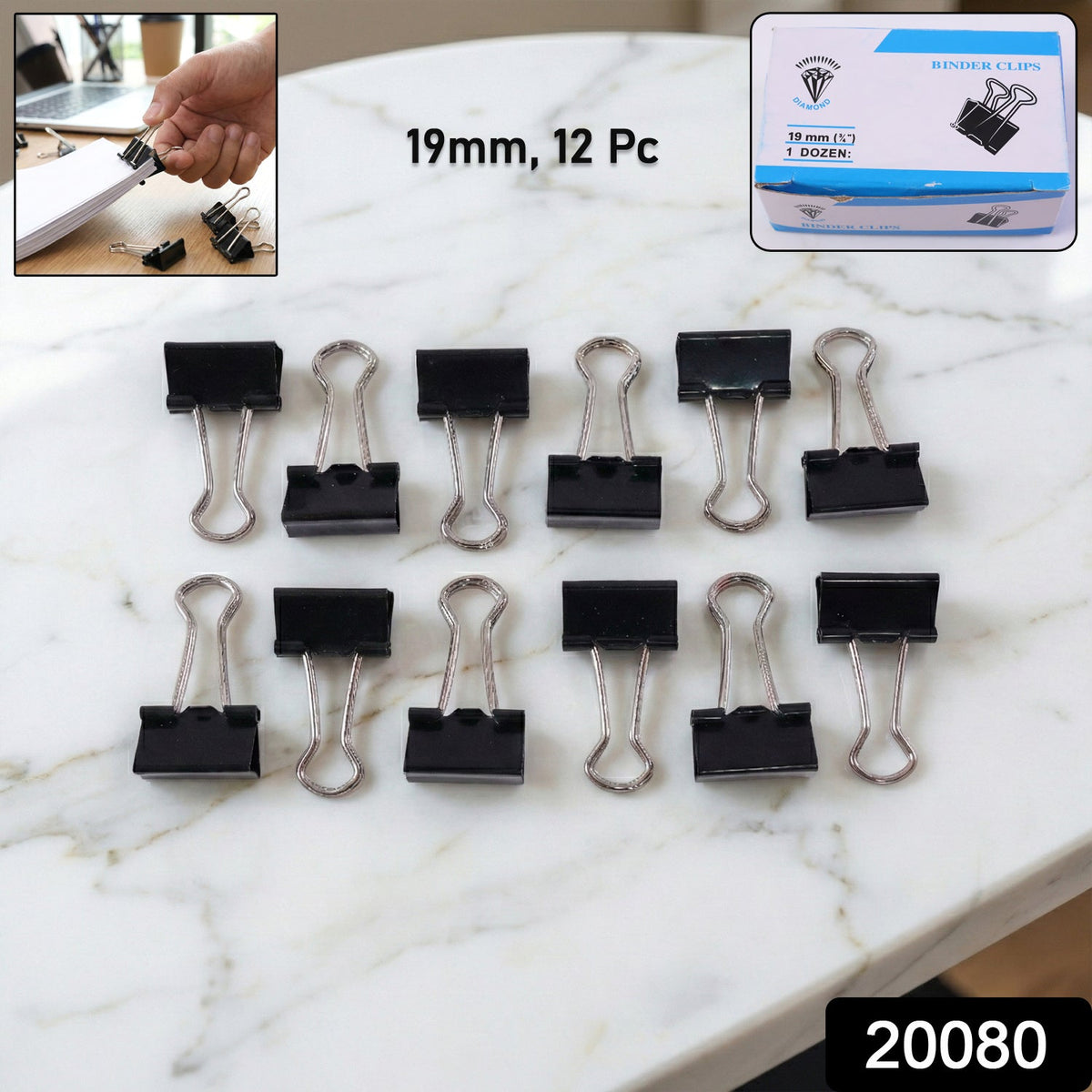 Set of 12 black metal binder clips 19mm on white background Main image