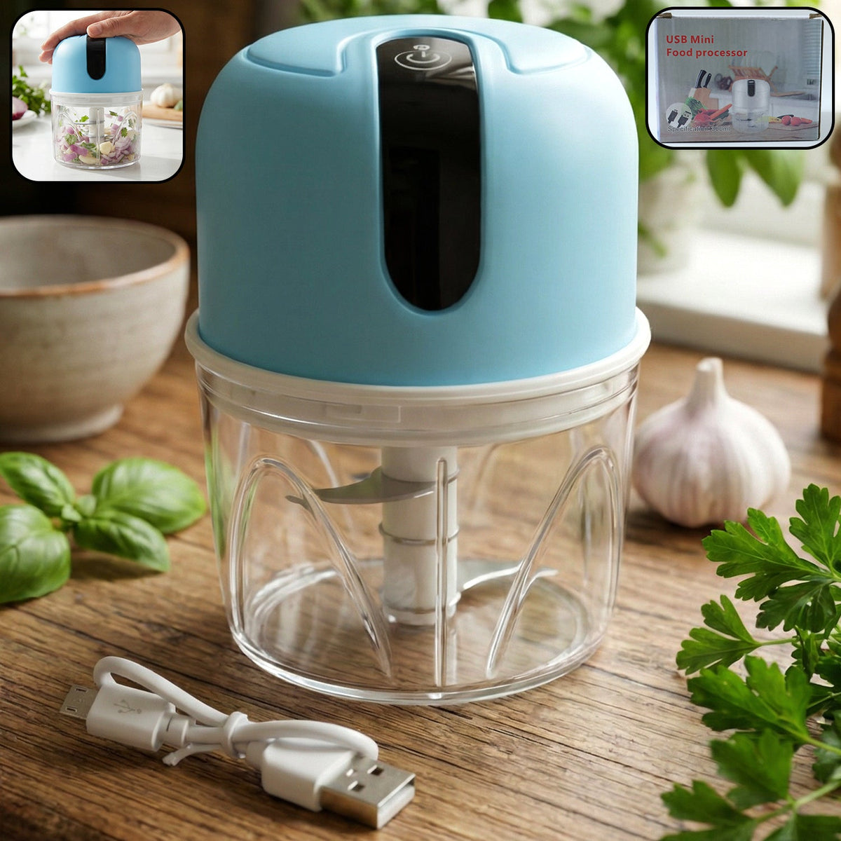 Compact USB rechargeable mini electric garlic chopper with three sharp blades. Main image