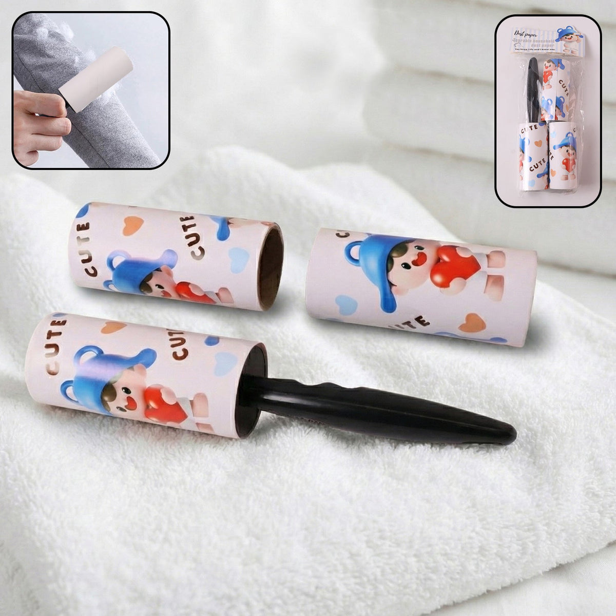 Reusable sticky lint roller set with handle and two refill adhesive rolls Main image