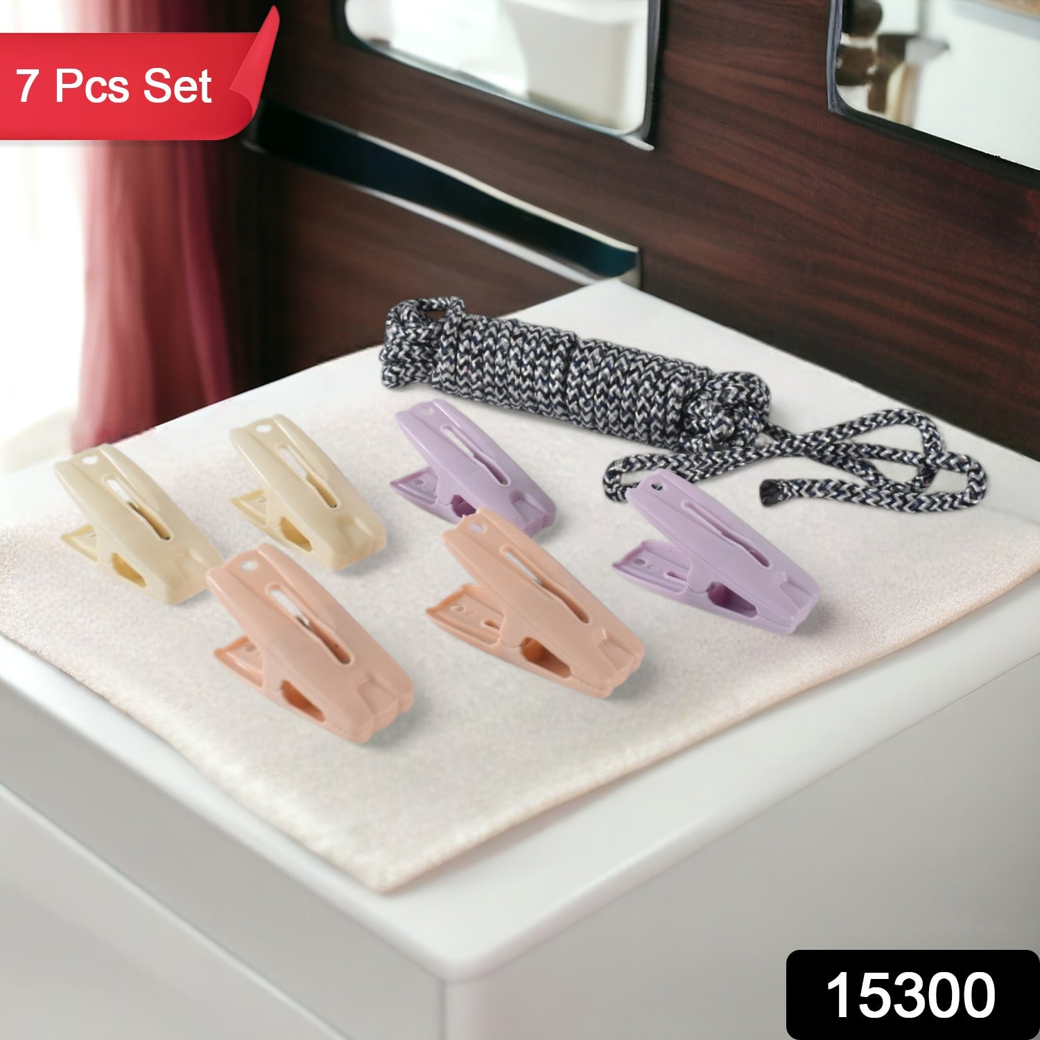 Cloth Drying Rope with Clips – Durable 7-Piece Hanging Set Secondary image