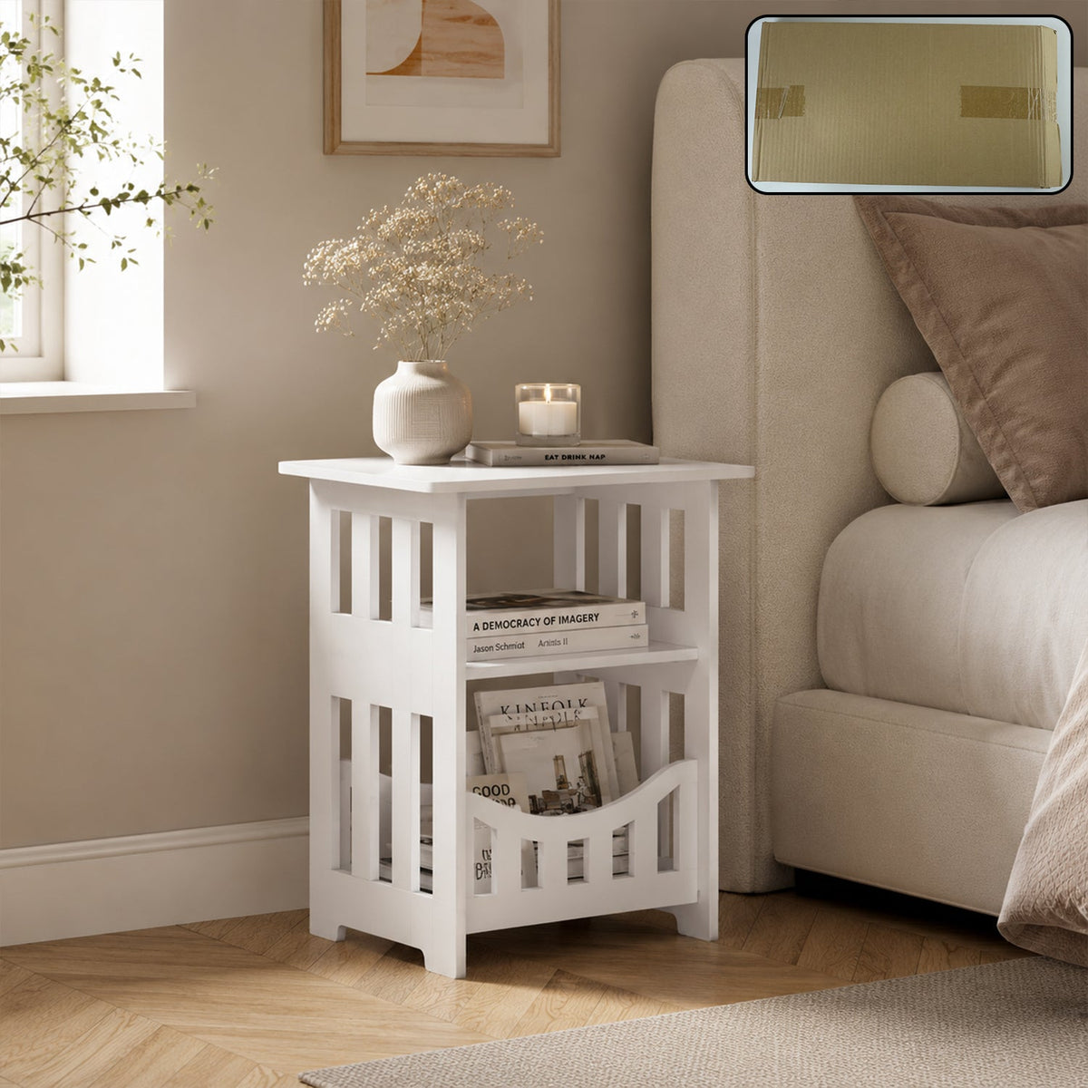 White wooden bedside table with storage rack for home decor Main image