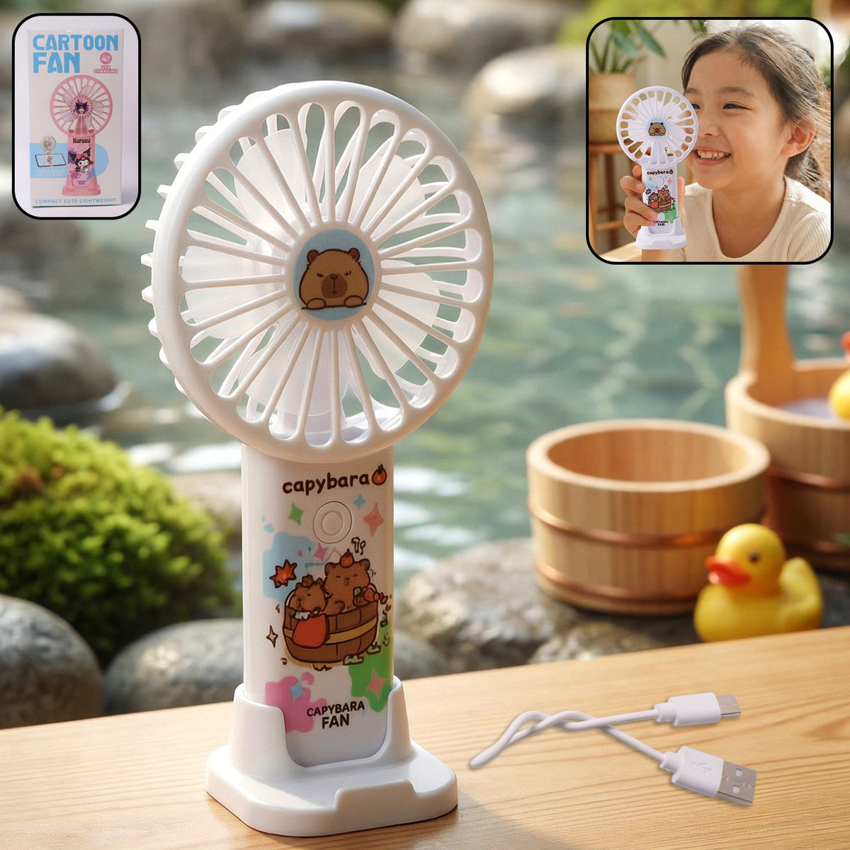 USB rechargeable cute cartoon capybara handheld mini fan with stand Main image