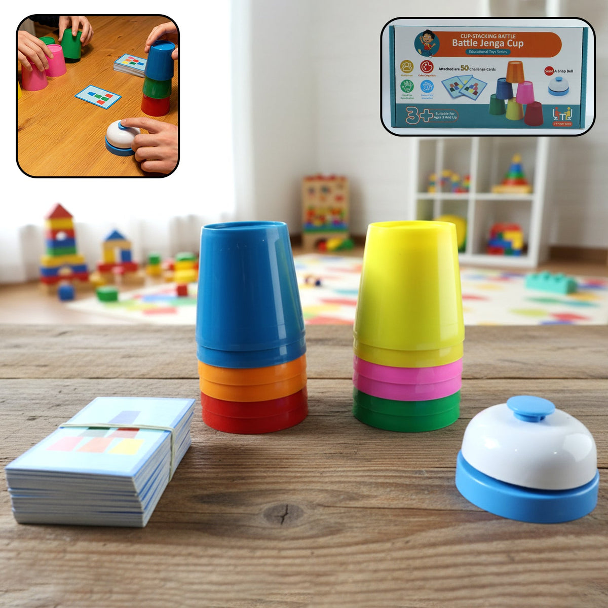 Cup Stacking Game Set featuring colorful cups and bell for kids Main image