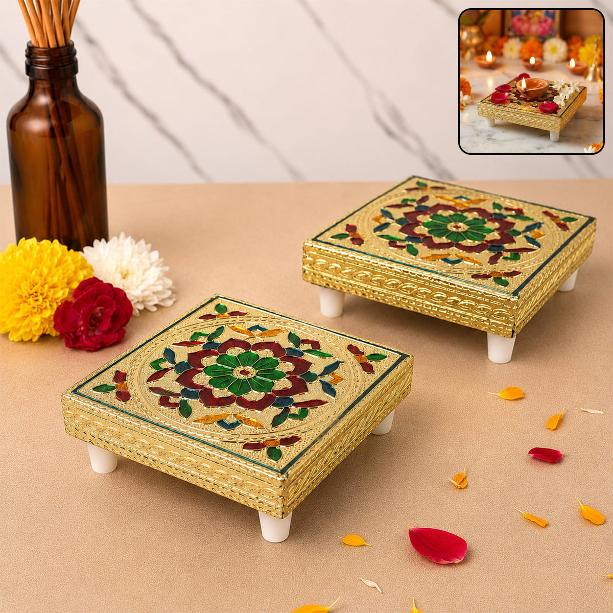 A vibrant multicoloured wooden pooja chowki, handcrafted with traditional Indian designs, displayed on a white background. Main image