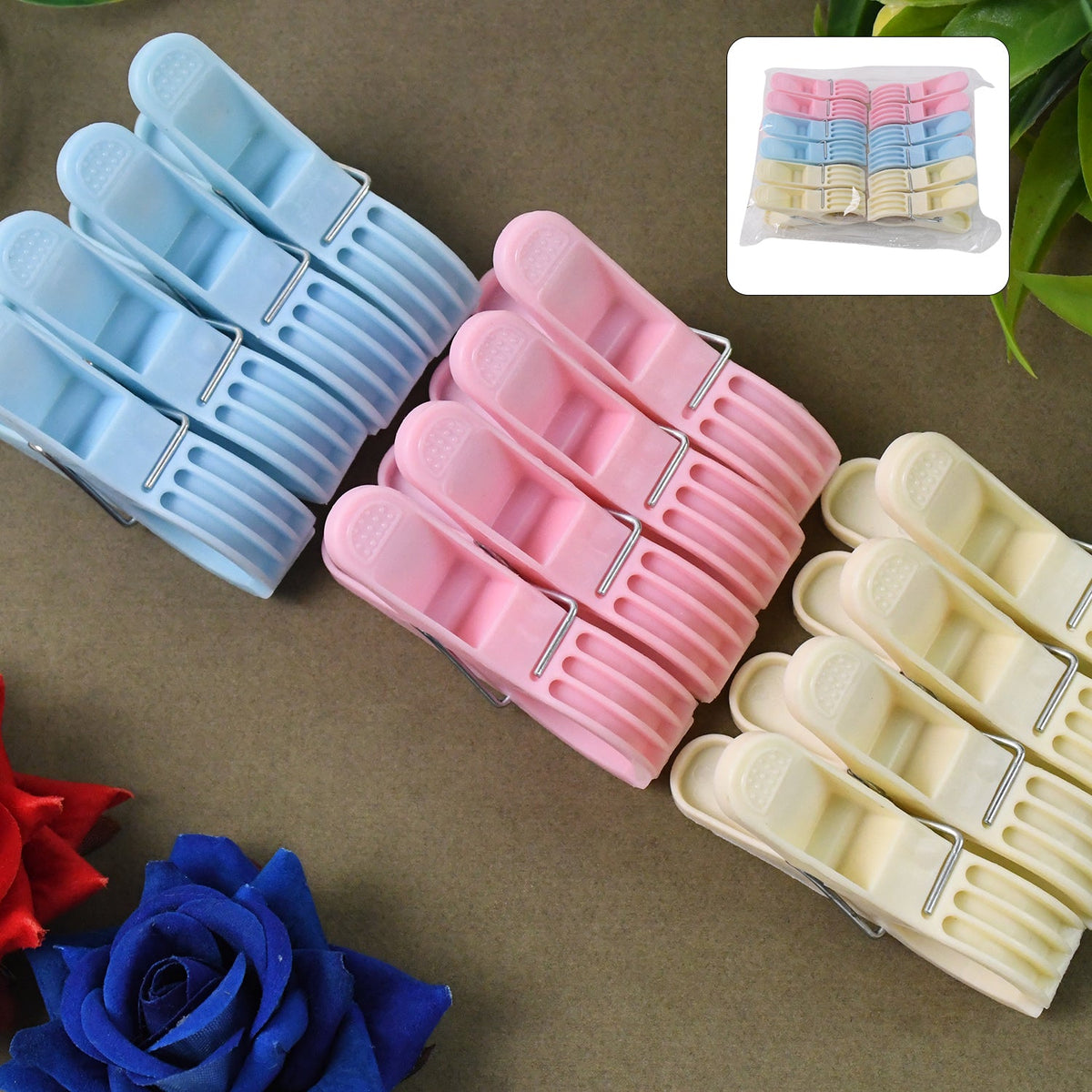 Pack of 12 multicolor plastic cloth clips used for laundry and bag sealing Main image