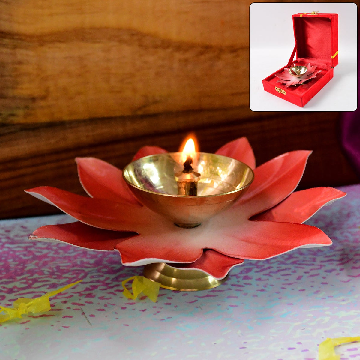 Brass Lotus Oil Diya with decorative petal base placed on table Main image