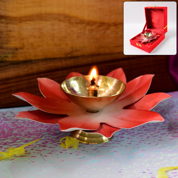 Brass Lotus Oil Diya with decorative petal base placed on table