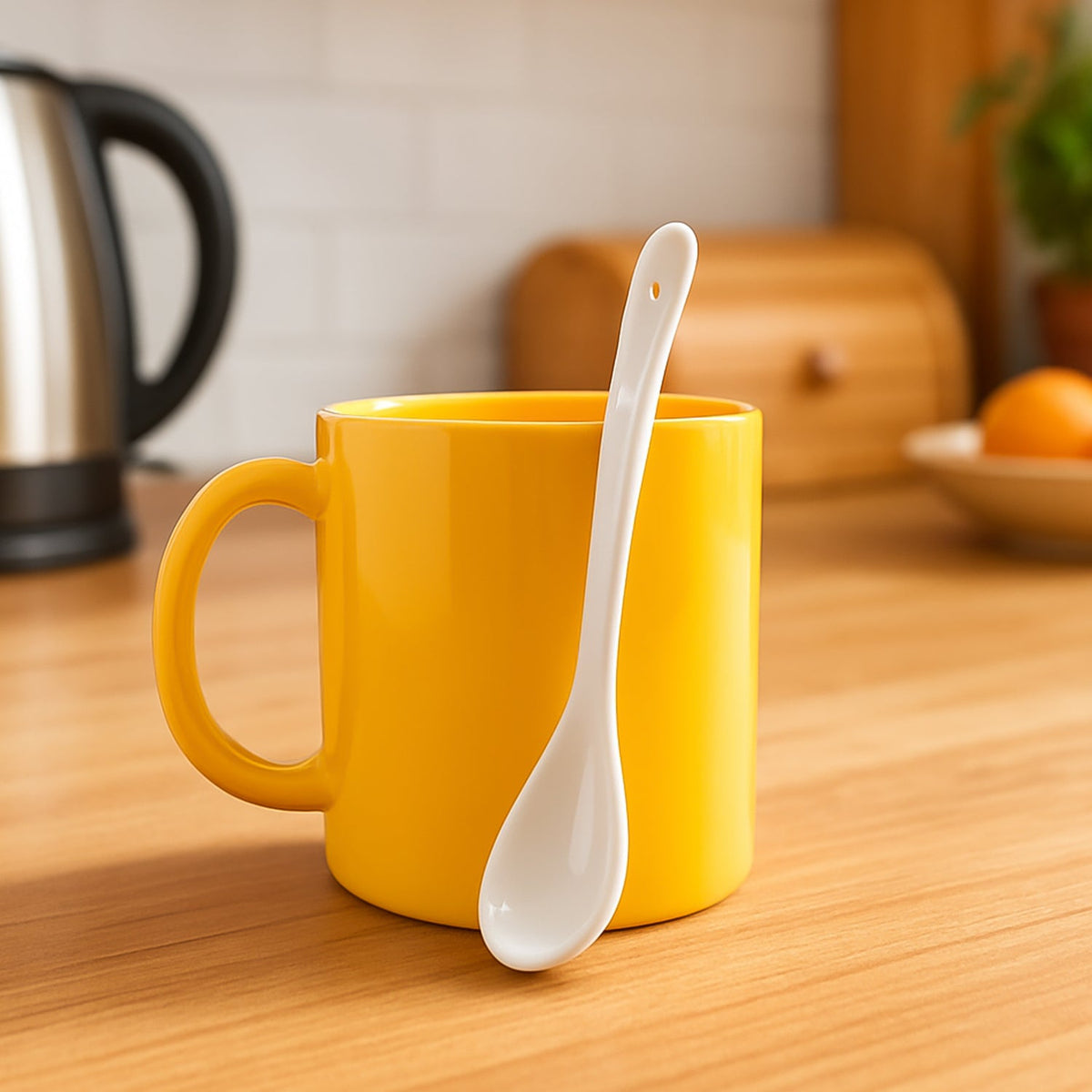 Plastic mug with a glossy finish and matching spoon for tea and coffee Main image