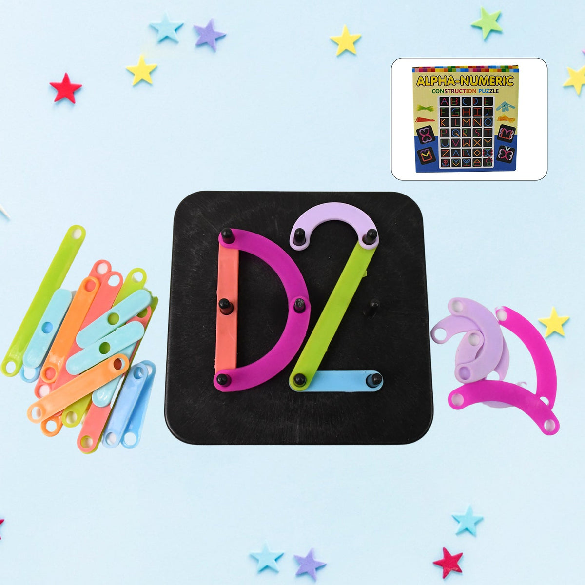 Colorful alphabet numeric puzzle pieces laid out, ready for play. Main image
